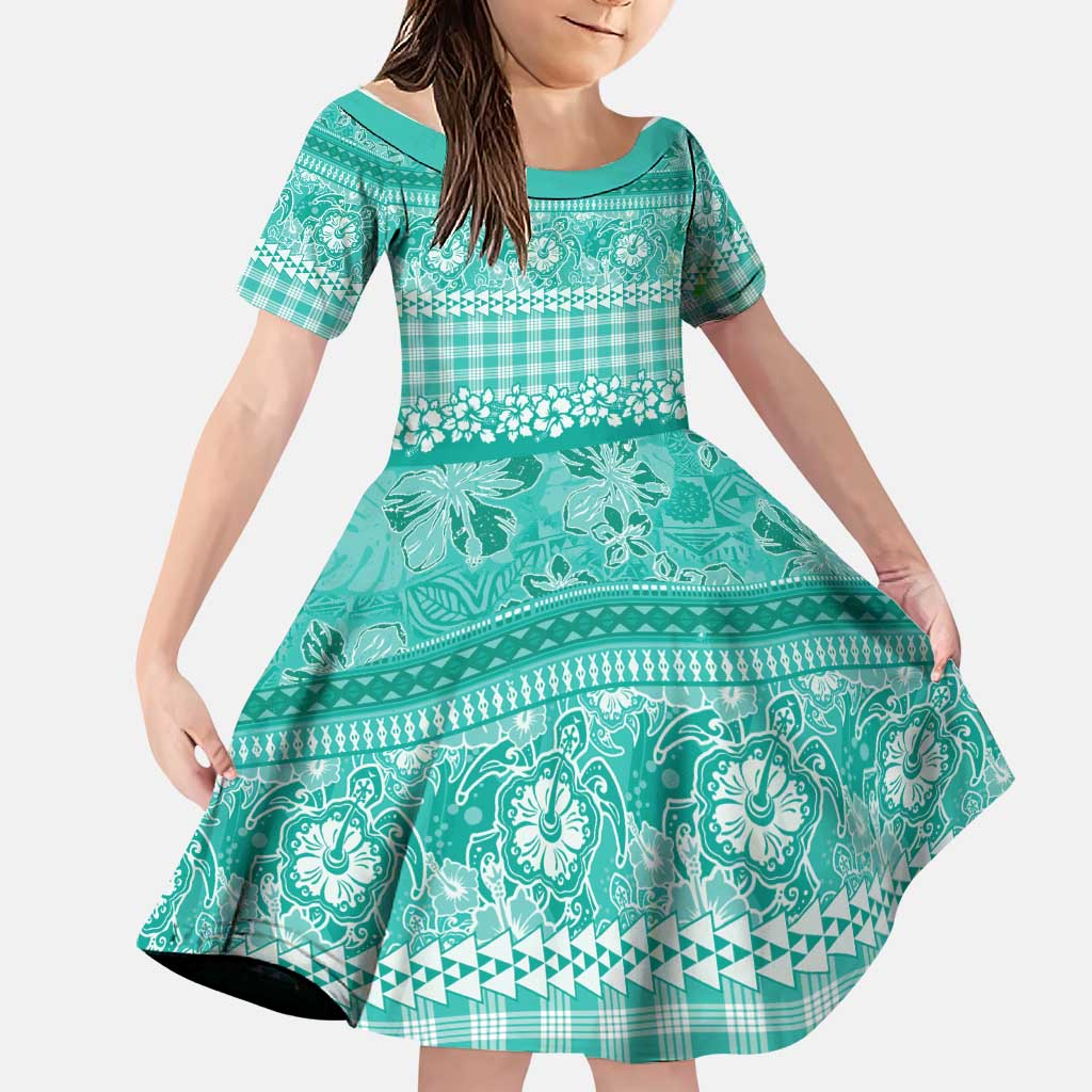 Hawaiian Hibiscus Honu Family Matching Puletasi and Hawaiian Shirt Turquoise Mele Kalikimaka Palaka Spirit LT9 Daughter's Dress Turquoise - Polynesian Pride