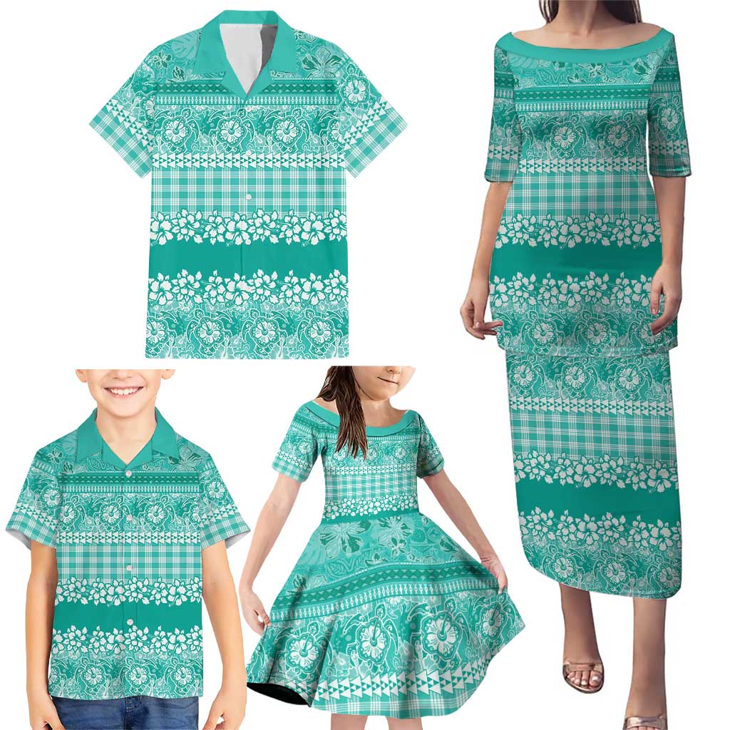 Hawaiian Hibiscus Honu Family Matching Puletasi and Hawaiian Shirt Turquoise Mele Kalikimaka Palaka Spirit - Polynesian Pride