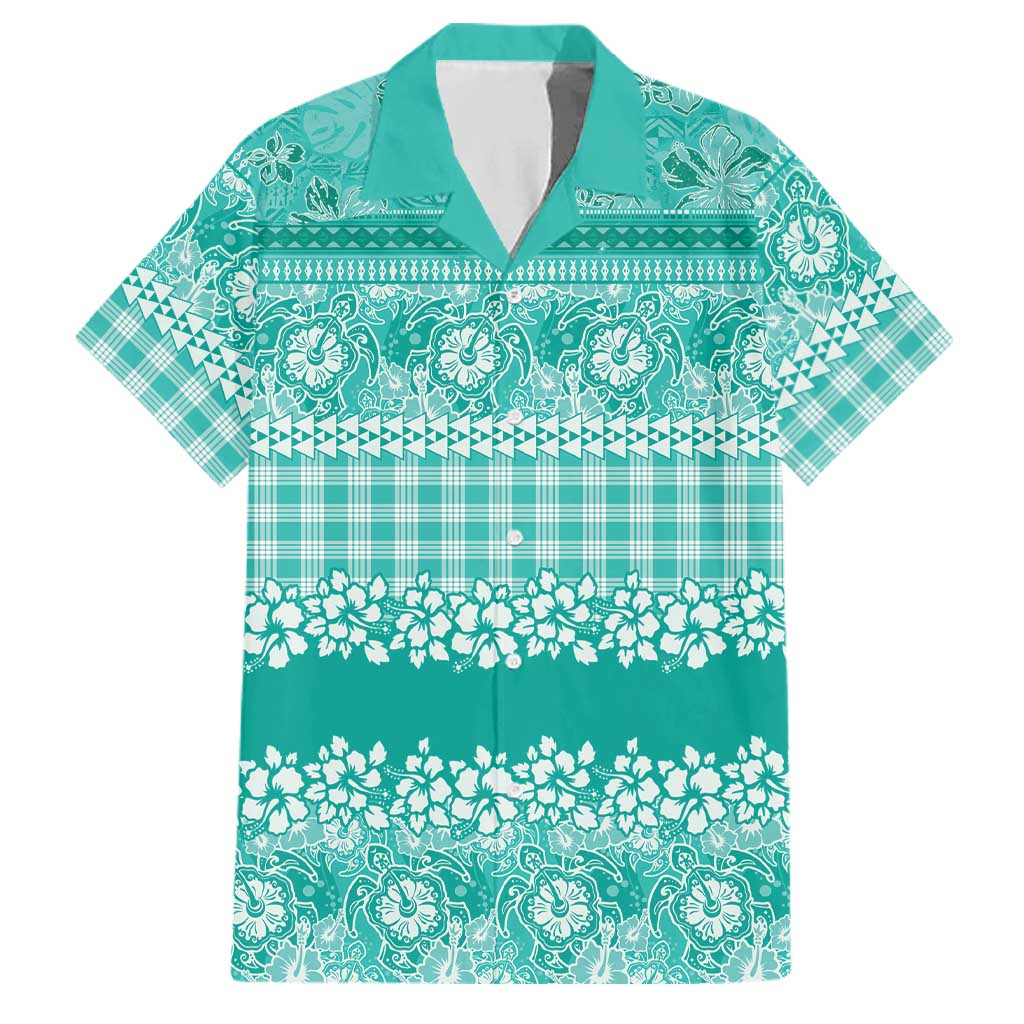 Hawaiian Hibiscus Honu Family Matching Puletasi and Hawaiian Shirt Turquoise Mele Kalikimaka Palaka Spirit LT9 Dad's Shirt - Short Sleeve Turquoise - Polynesian Pride