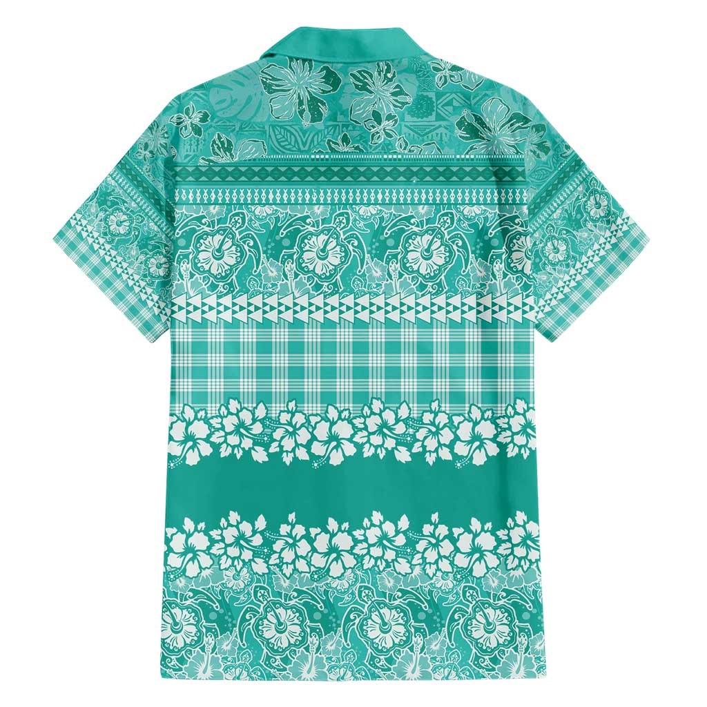 Hawaiian Hibiscus Honu Family Matching Short Sleeve Bodycon Dress and Hawaiian Shirt Turquoise Mele Kalikimaka Palaka Spirit - Polynesian Pride