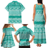 Hawaiian Hibiscus Honu Family Matching Tank Maxi Dress and Hawaiian Shirt Turquoise Mele Kalikimaka Palaka Spirit - Polynesian Pride