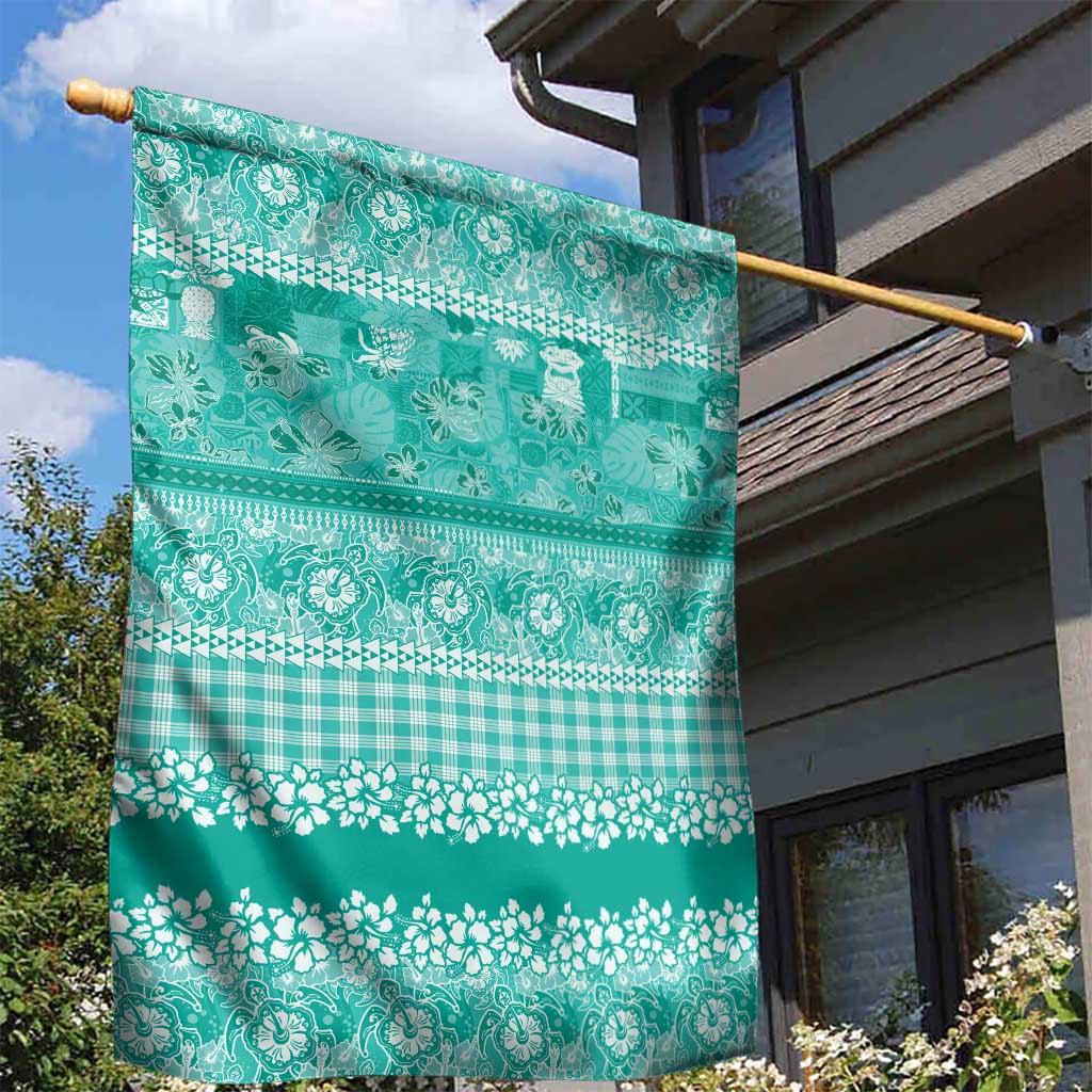 Hawaiian Hibiscus Honu Garden Flag Turquoise Mele Kalikimaka Palaka Spirit - Polynesian Pride