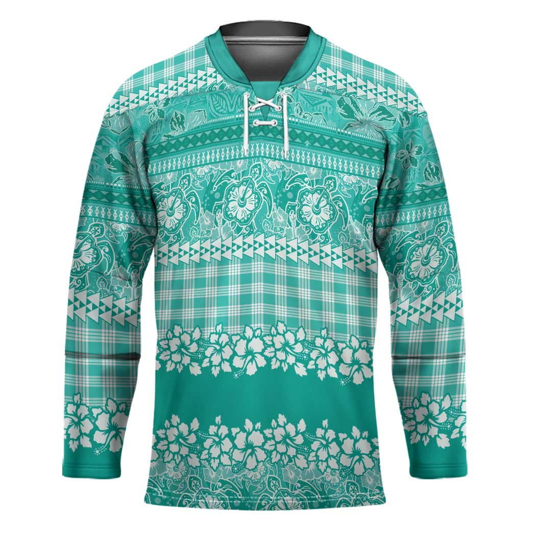 Hawaiian Hibiscus Honu Hockey Jersey Turquoise Mele Kalikimaka Palaka Spirit - Polynesian Pride