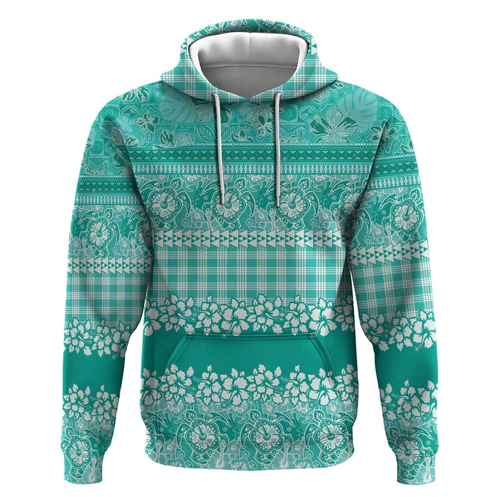 Hawaiian Hibiscus Honu Hoodie Turquoise Mele Kalikimaka Palaka Spirit - Polynesian Pride
