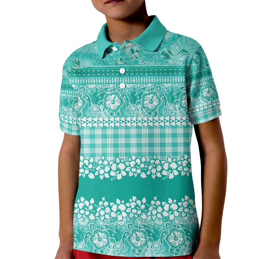 Hawaiian Hibiscus Honu Kid Polo Shirt Turquoise Mele Kalikimaka Palaka Spirit - Polynesian Pride