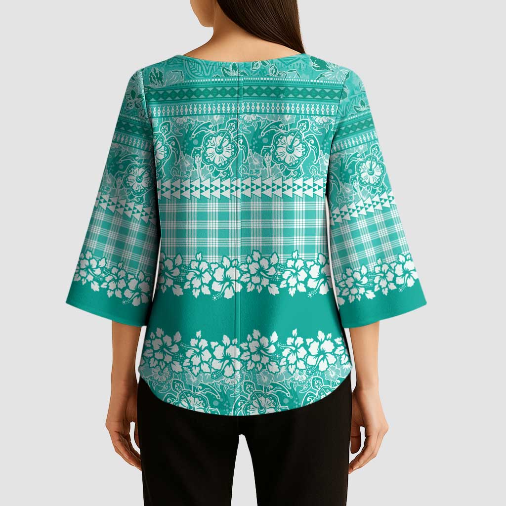 Hawaiian Hibiscus Honu Kimono Sleeve Blouse Turquoise Mele Kalikimaka Palaka Spirit - Polynesian Pride