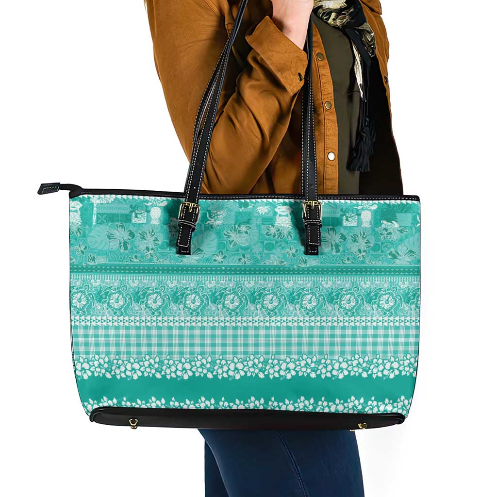 Hawaiian Hibiscus Honu Leather Tote Bag Turquoise Mele Kalikimaka Palaka Spirit - Polynesian Pride