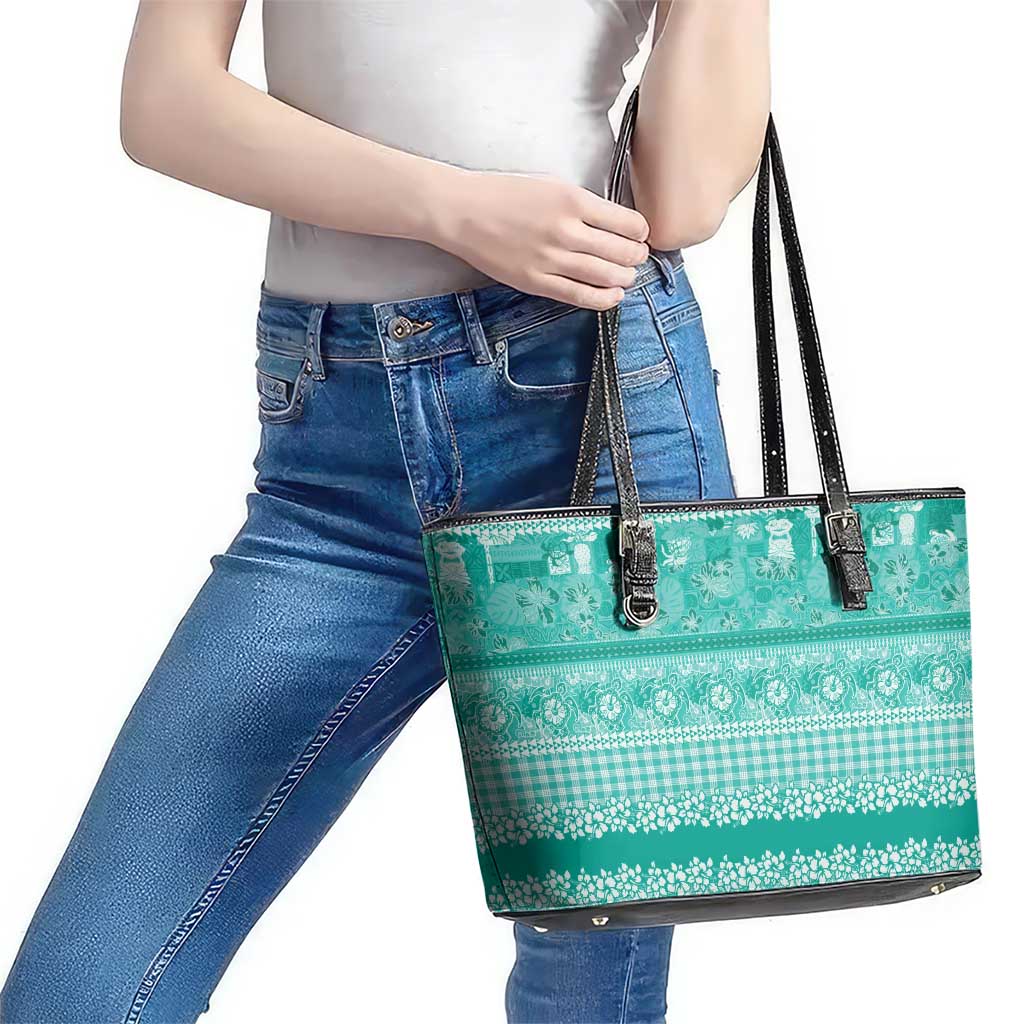 Hawaiian Hibiscus Honu Leather Tote Bag Turquoise Mele Kalikimaka Palaka Spirit - Polynesian Pride