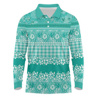 Hawaiian Hibiscus Honu Long Sleeve Polo Shirt Turquoise Mele Kalikimaka Palaka Spirit - Polynesian Pride