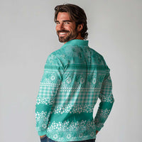 Hawaiian Hibiscus Honu Long Sleeve Polo Shirt Turquoise Mele Kalikimaka Palaka Spirit - Polynesian Pride