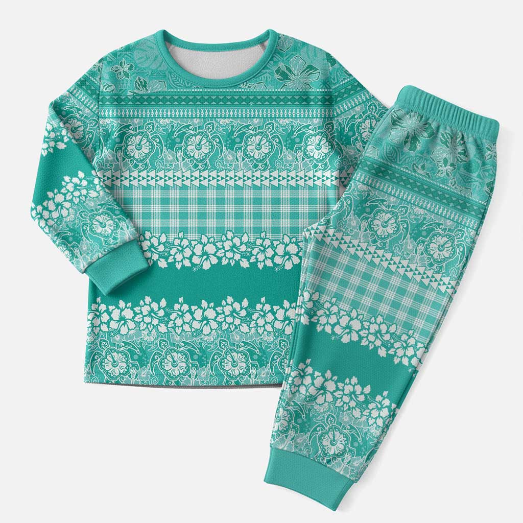 Hawaiian Hibiscus Honu Christmas Pajama Set Turquoise Mele Kalikimaka Palaka Spirit - Polynesian Pride