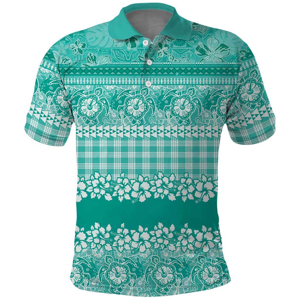 Hawaiian Hibiscus Honu Polo Shirt Turquoise Mele Kalikimaka Palaka Spirit - Polynesian Pride