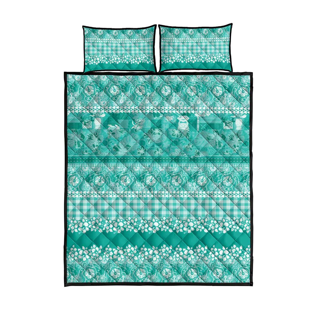 Hawaiian Hibiscus Honu Quilt Bed Set Turquoise Mele Kalikimaka Palaka Spirit - Polynesian Pride