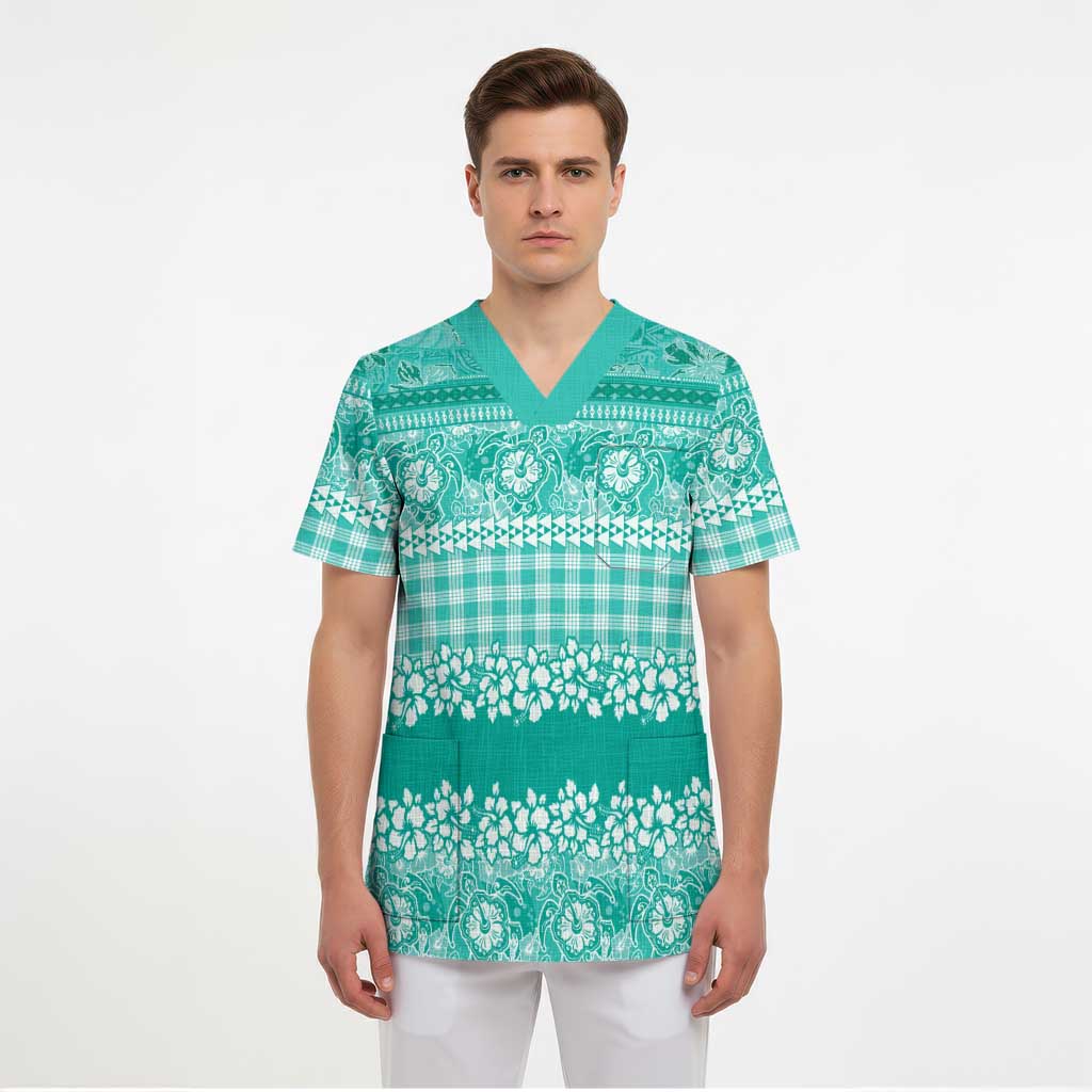 Hawaiian Hibiscus Honu Scrub Top Turquoise Mele Kalikimaka Palaka Spirit - Polynesian Pride