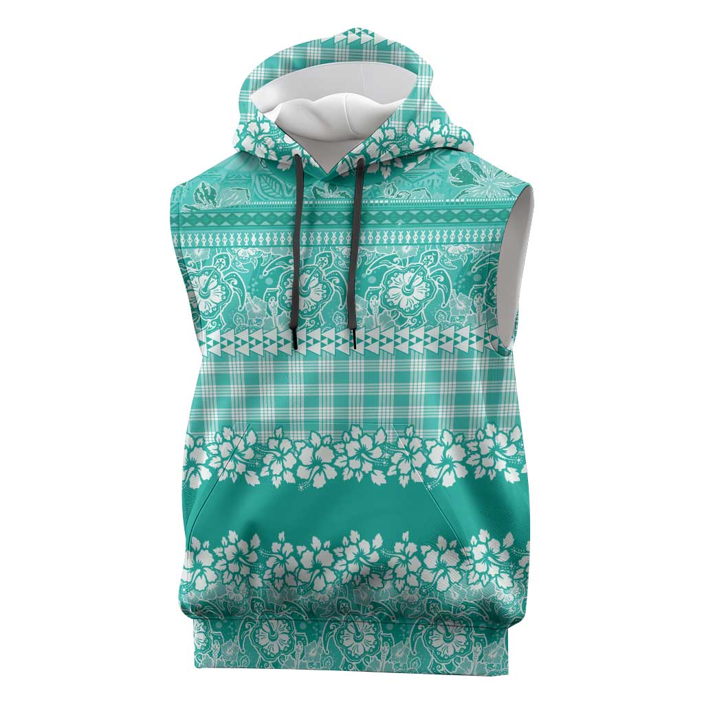 Hawaiian Hibiscus Honu Sleeveless Hoodie Turquoise Mele Kalikimaka Palaka Spirit - Polynesian Pride