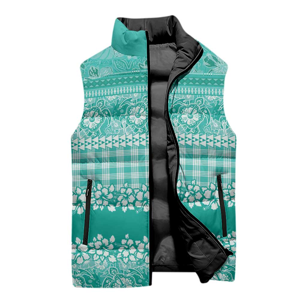 Hawaiian Hibiscus Honu Sleeveless Puffer Jacket Turquoise Mele Kalikimaka Palaka Spirit - Polynesian Pride