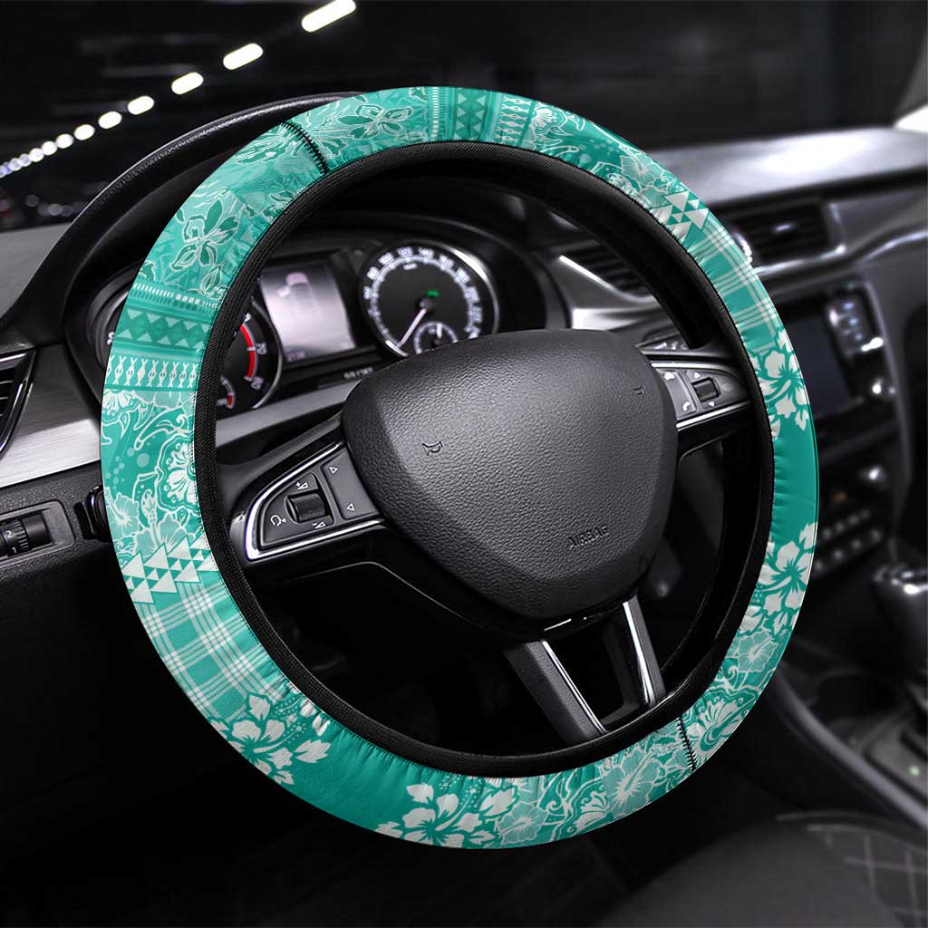 Hawaiian Hibiscus Honu Steering Wheel Cover Turquoise Mele Kalikimaka Palaka Spirit - Polynesian Pride