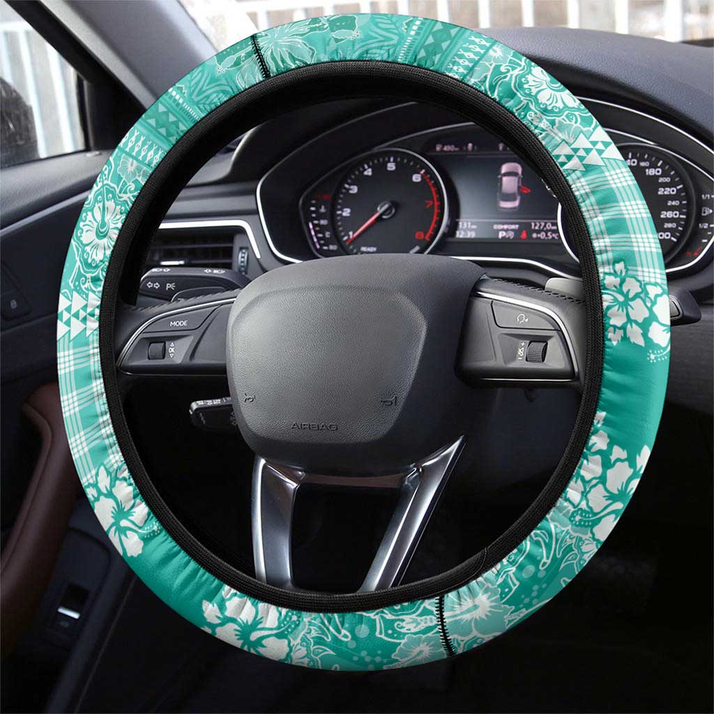 Hawaiian Hibiscus Honu Steering Wheel Cover Turquoise Mele Kalikimaka Palaka Spirit - Polynesian Pride