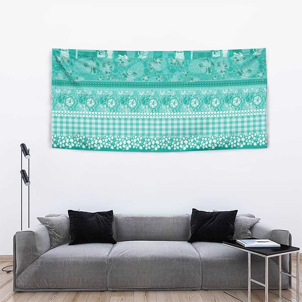 Hawaiian Hibiscus Honu Tapestry Turquoise Mele Kalikimaka Palaka Spirit - Polynesian Pride