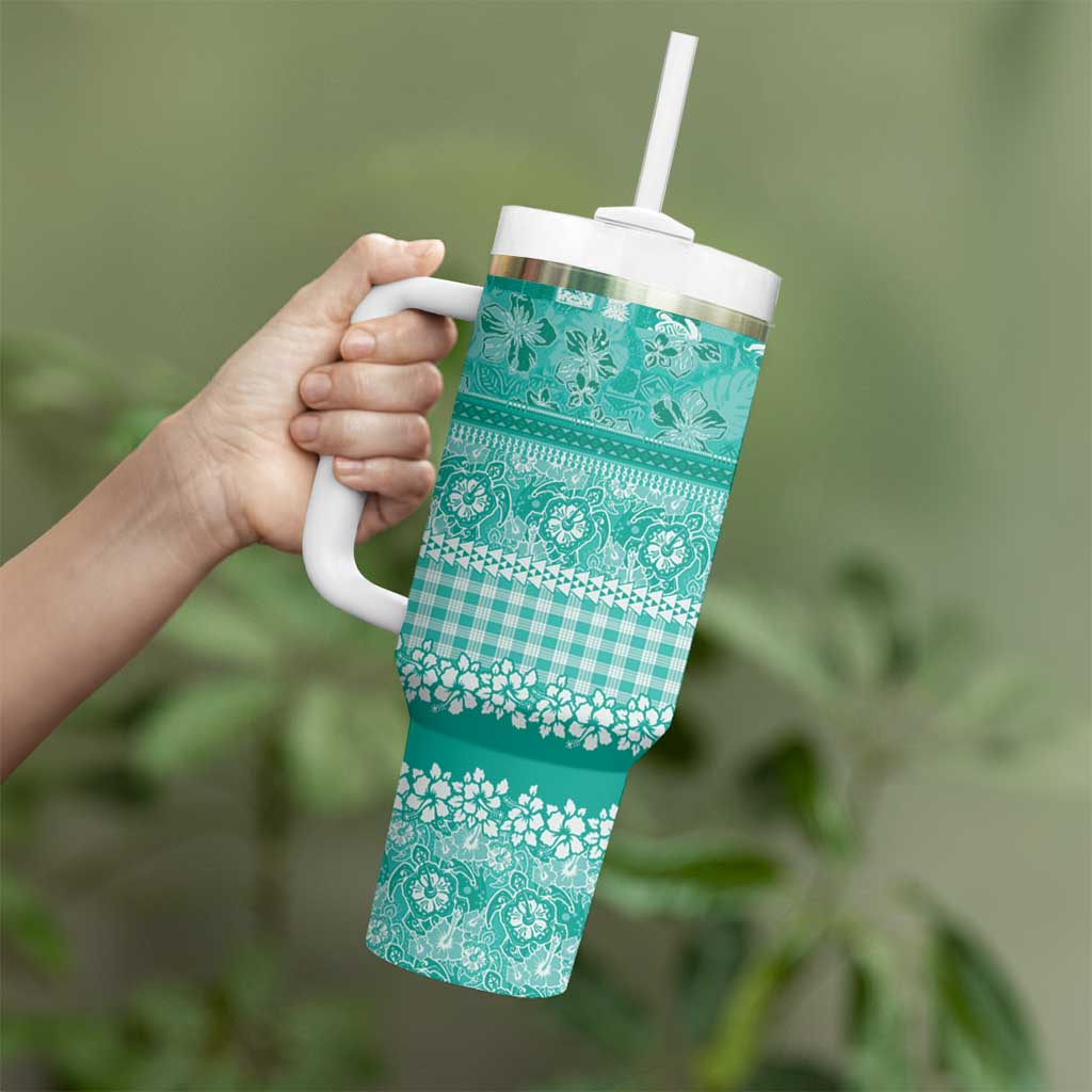 Hawaiian Hibiscus Honu Tumbler With Handle Turquoise Mele Kalikimaka Palaka Spirit - Polynesian Pride