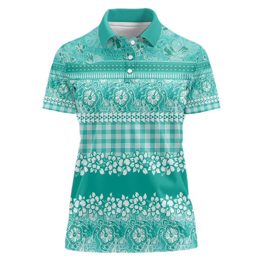 Hawaiian Hibiscus Honu Women Polo Shirt Turquoise Mele Kalikimaka Palaka Spirit - Polynesian Pride