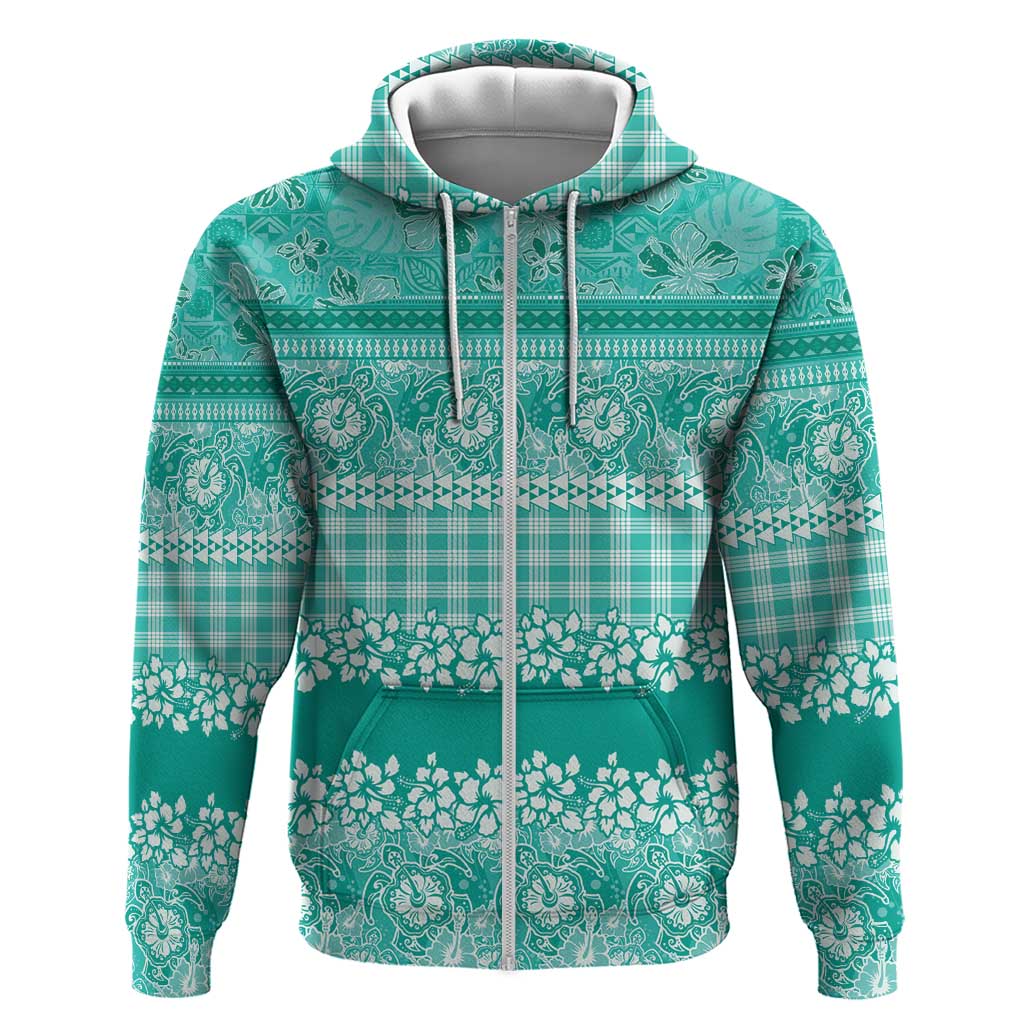 Hawaiian Hibiscus Honu Zip Hoodie Turquoise Mele Kalikimaka Palaka Spirit - Polynesian Pride