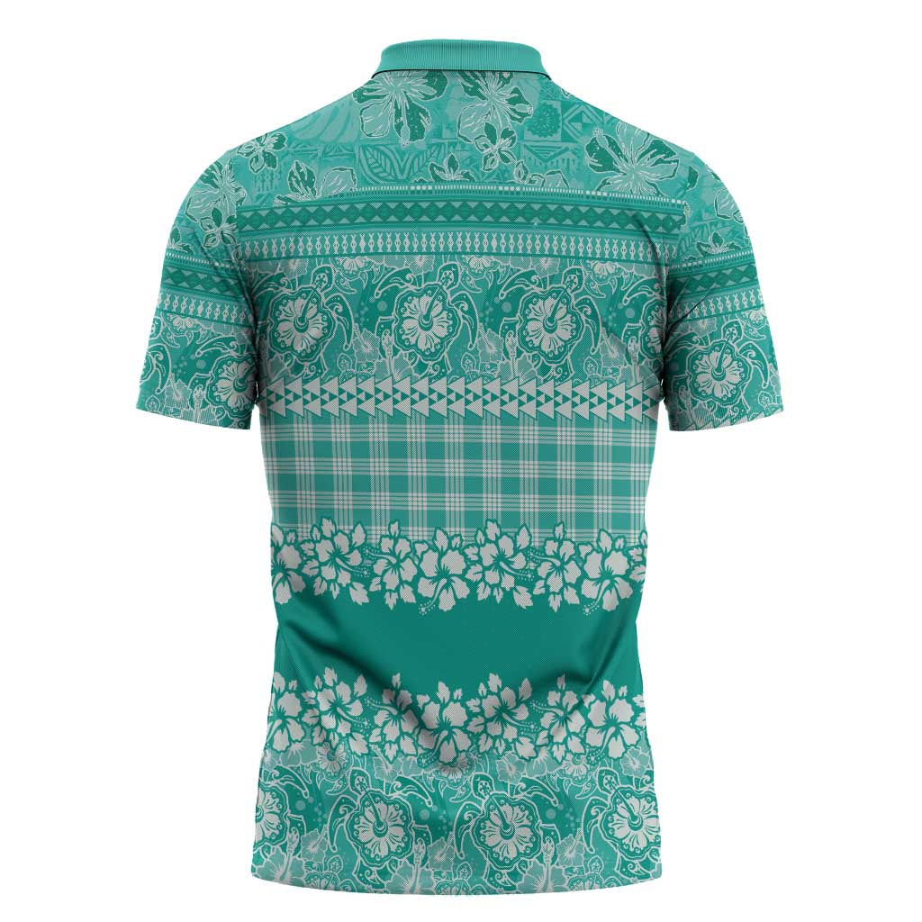 Hawaiian Hibiscus Honu Zipper Polo Shirt Turquoise Mele Kalikimaka Palaka Spirit - Polynesian Pride