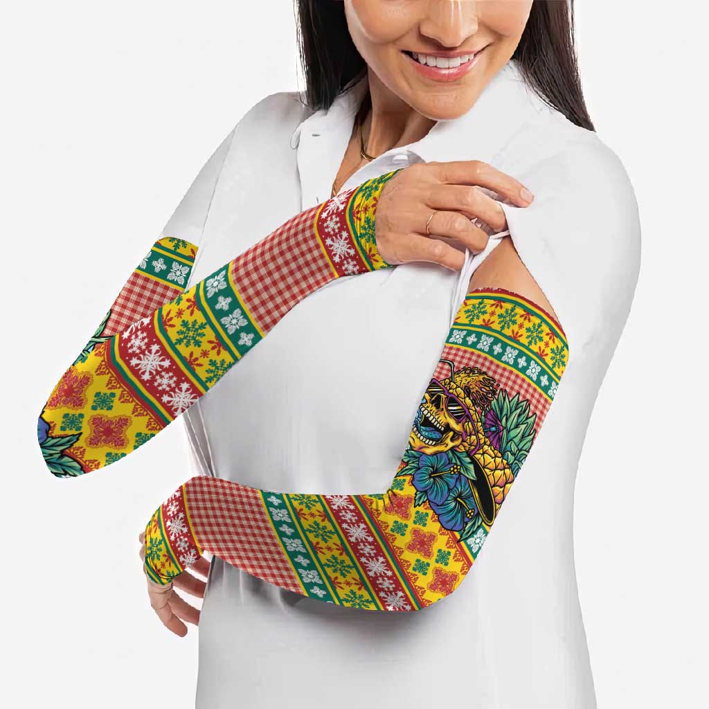 Hawaiian Pineapples Skull Arm Sleeves Mele Kalikimaka Palaka Quilt Pattern - Polynesian Pride