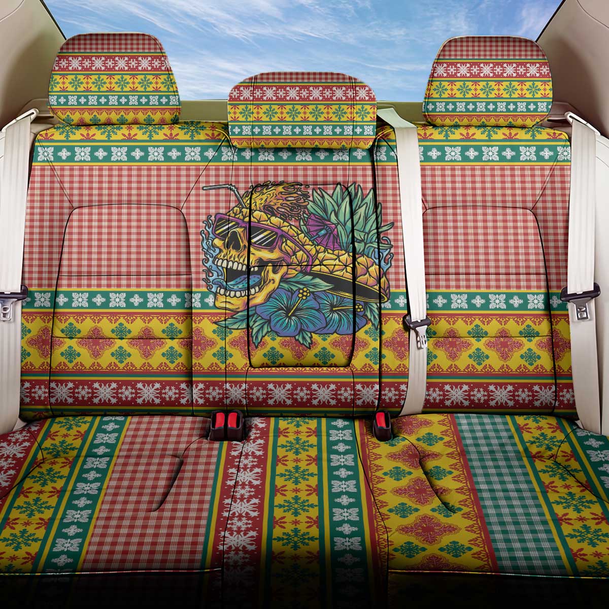 Hawaiian Pineapples Skull Back Car Seat Cover Mele Kalikimaka Palaka Quilt Pattern - Polynesian Pride
