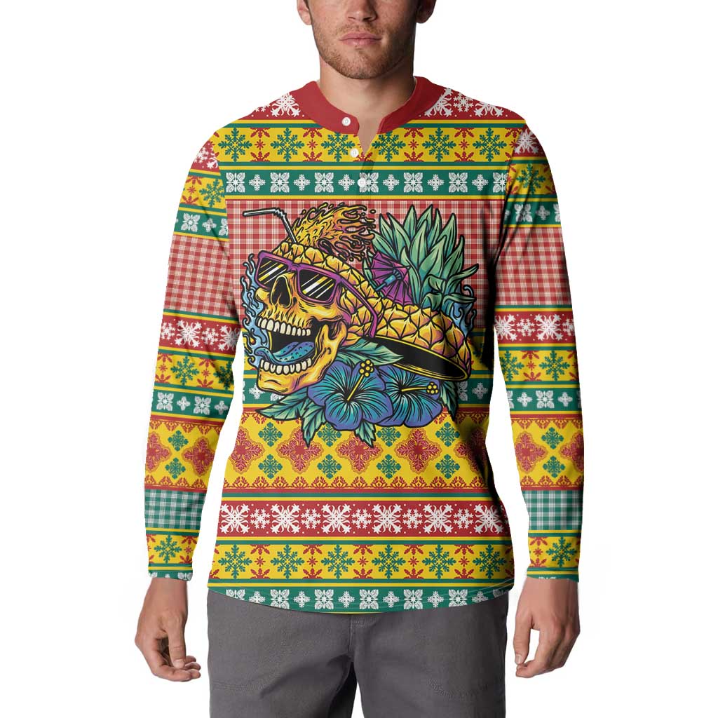 Hawaiian Pineapples Skull Button Sweatshirt Mele Kalikimaka Palaka Quilt Pattern - Polynesian Pride