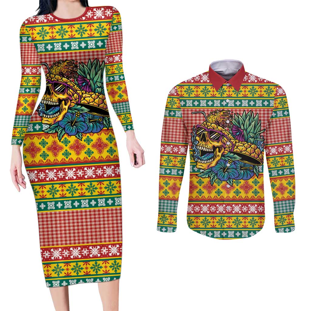 Hawaiian Pineapples Skull Couples Matching Long Sleeve Bodycon Dress and Long Sleeve Button Shirt Mele Kalikimaka Palaka Quilt Pattern - Polynesian Pride