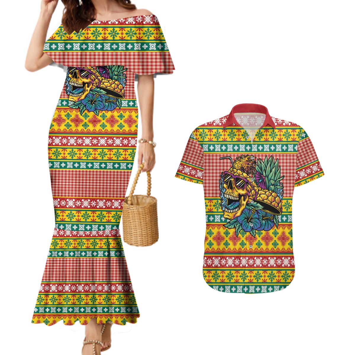 Hawaiian Pineapples Skull Couples Matching Mermaid Dress and Hawaiian Shirt Mele Kalikimaka Palaka Quilt Pattern LT9 Yellow - Polynesian Pride
