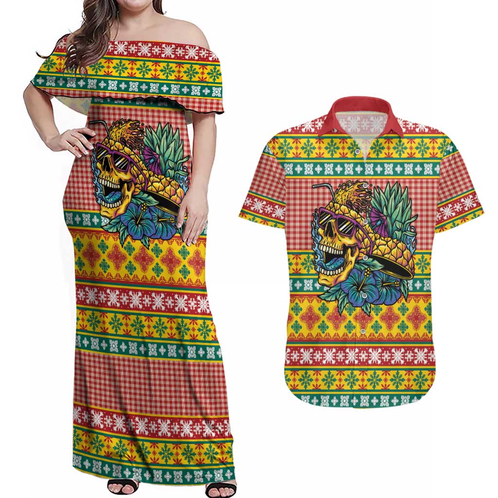 Hawaiian Pineapples Skull Couples Matching Off Shoulder Maxi Dress and Hawaiian Shirt Mele Kalikimaka Palaka Quilt Pattern - Polynesian Pride