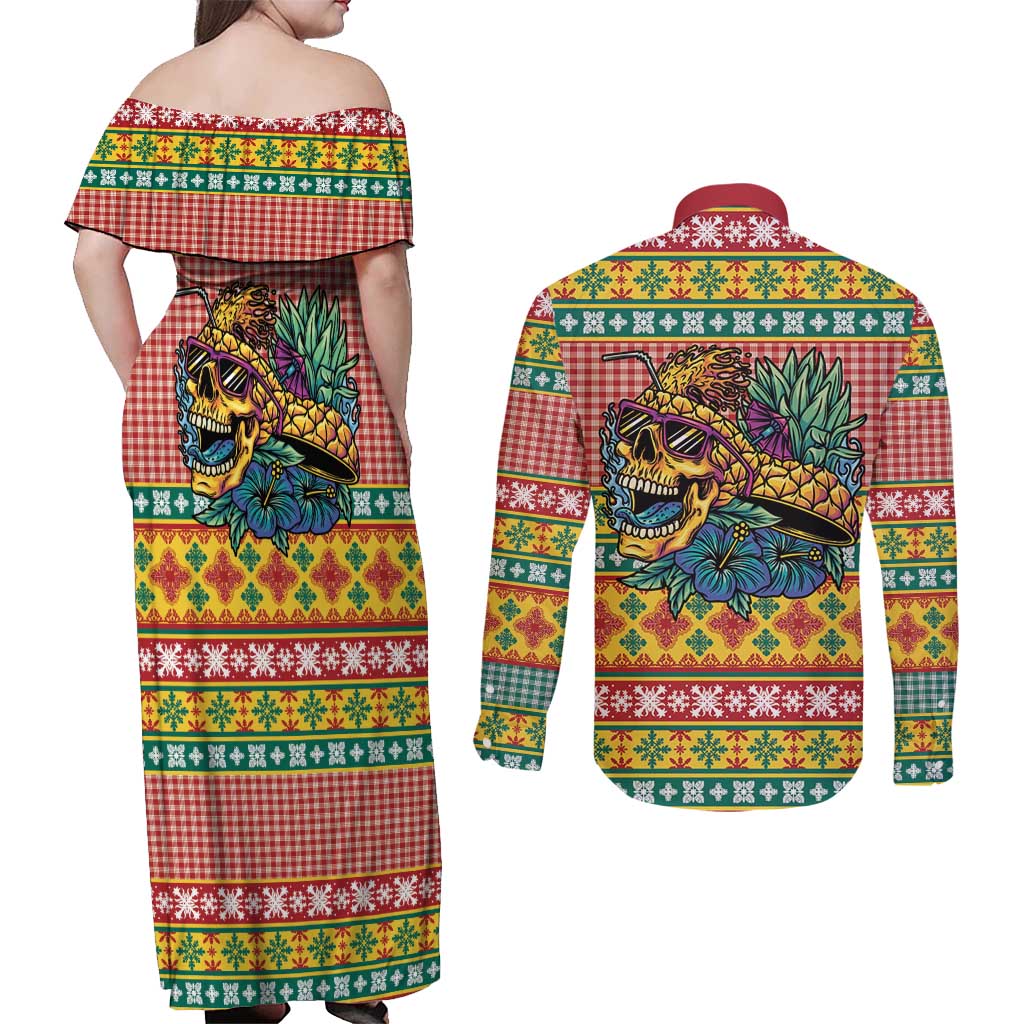 Hawaiian Pineapples Skull Couples Matching Off Shoulder Maxi Dress and Long Sleeve Button Shirt Mele Kalikimaka Palaka Quilt Pattern - Polynesian Pride