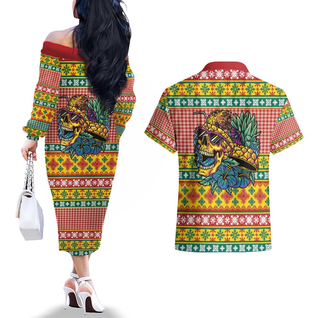 Hawaiian Pineapples Skull Couples Matching Off The Shoulder Long Sleeve Dress and Hawaiian Shirt Mele Kalikimaka Palaka Quilt Pattern - Polynesian Pride