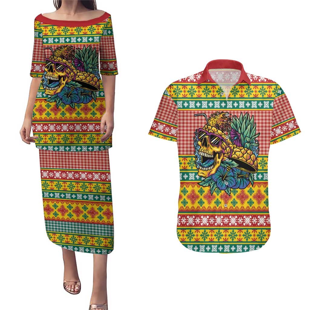 Hawaiian Pineapples Skull Couples Matching Puletasi and Hawaiian Shirt Mele Kalikimaka Palaka Quilt Pattern - Polynesian Pride