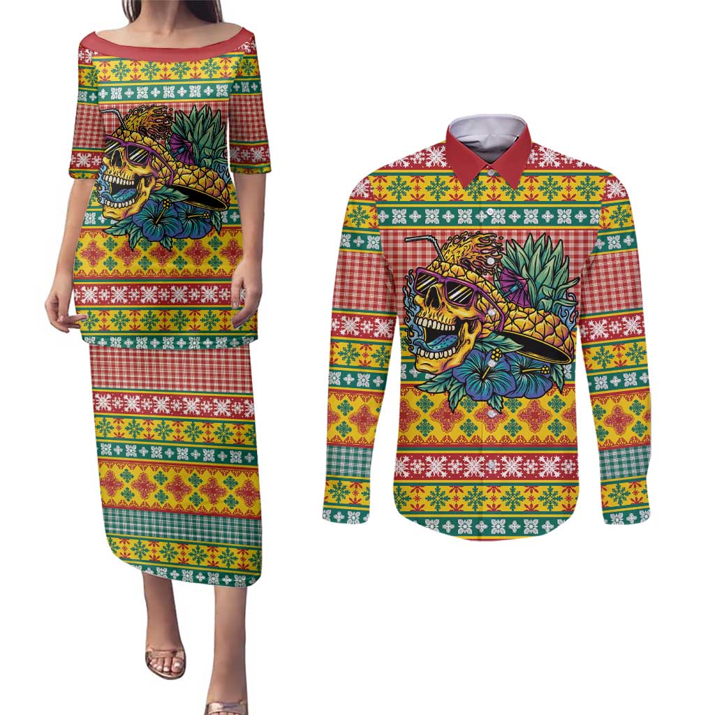 Hawaiian Pineapples Skull Couples Matching Puletasi and Long Sleeve Button Shirt Mele Kalikimaka Palaka Quilt Pattern - Polynesian Pride
