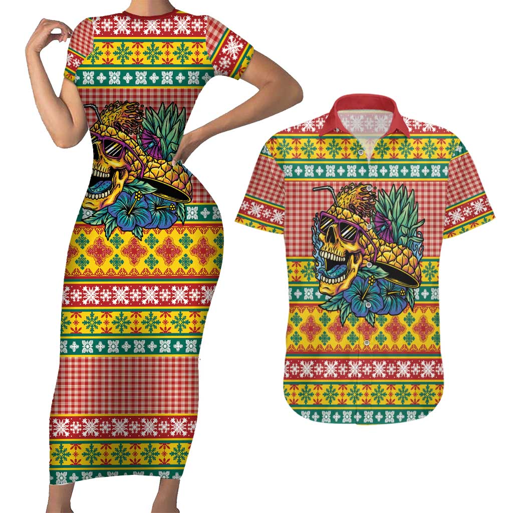 Hawaiian Pineapples Skull Couples Matching Short Sleeve Bodycon Dress and Hawaiian Shirt Mele Kalikimaka Palaka Quilt Pattern LT9 Yellow - Polynesian Pride
