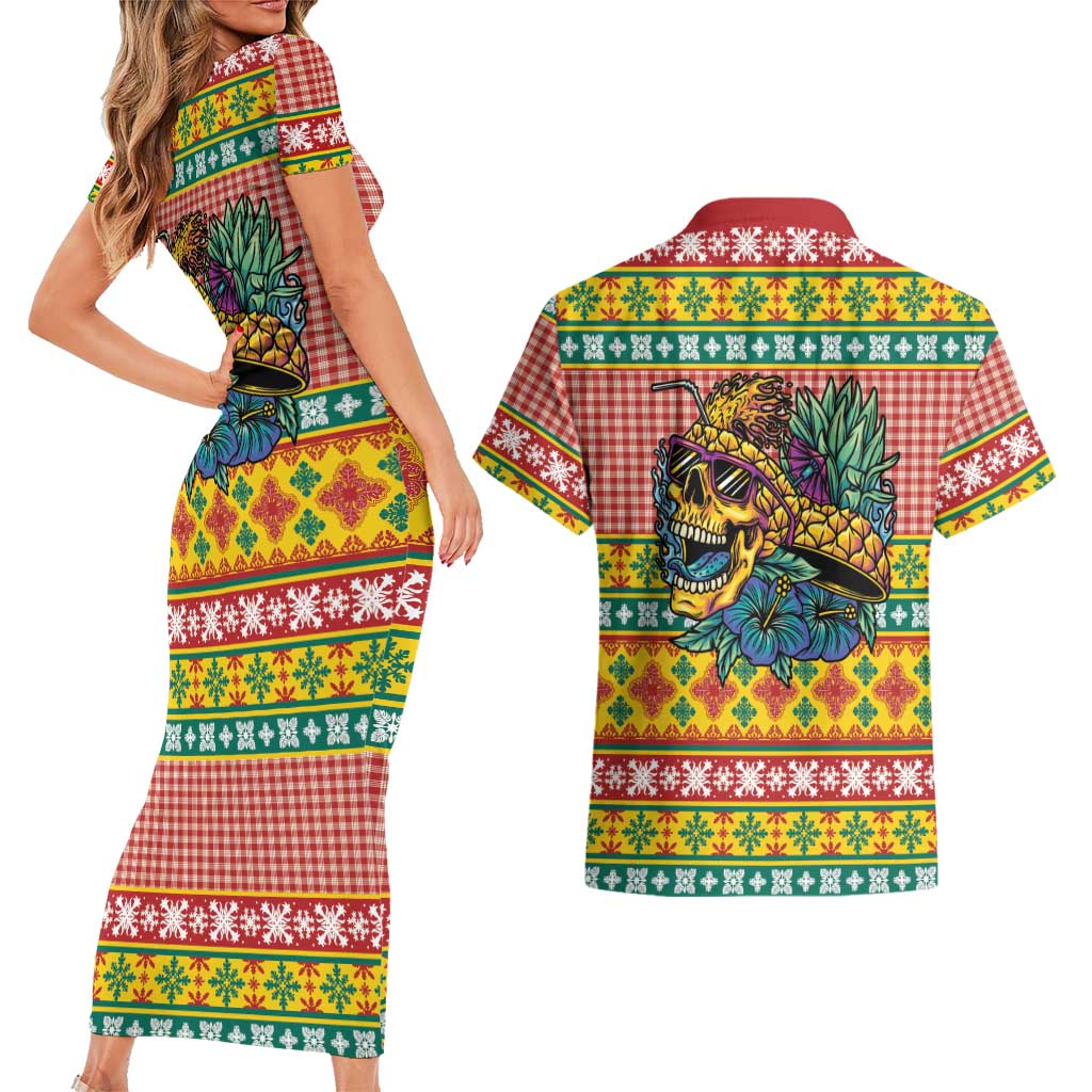 Hawaiian Pineapples Skull Couples Matching Short Sleeve Bodycon Dress and Hawaiian Shirt Mele Kalikimaka Palaka Quilt Pattern LT9 - Polynesian Pride