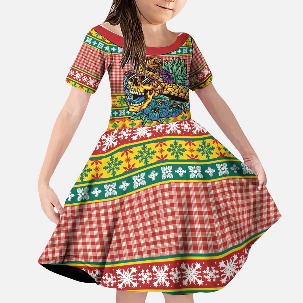 Hawaiian Pineapples Skull Family Matching Long Sleeve Bodycon Dress and Hawaiian Shirt Mele Kalikimaka Palaka Quilt Pattern - Polynesian Pride