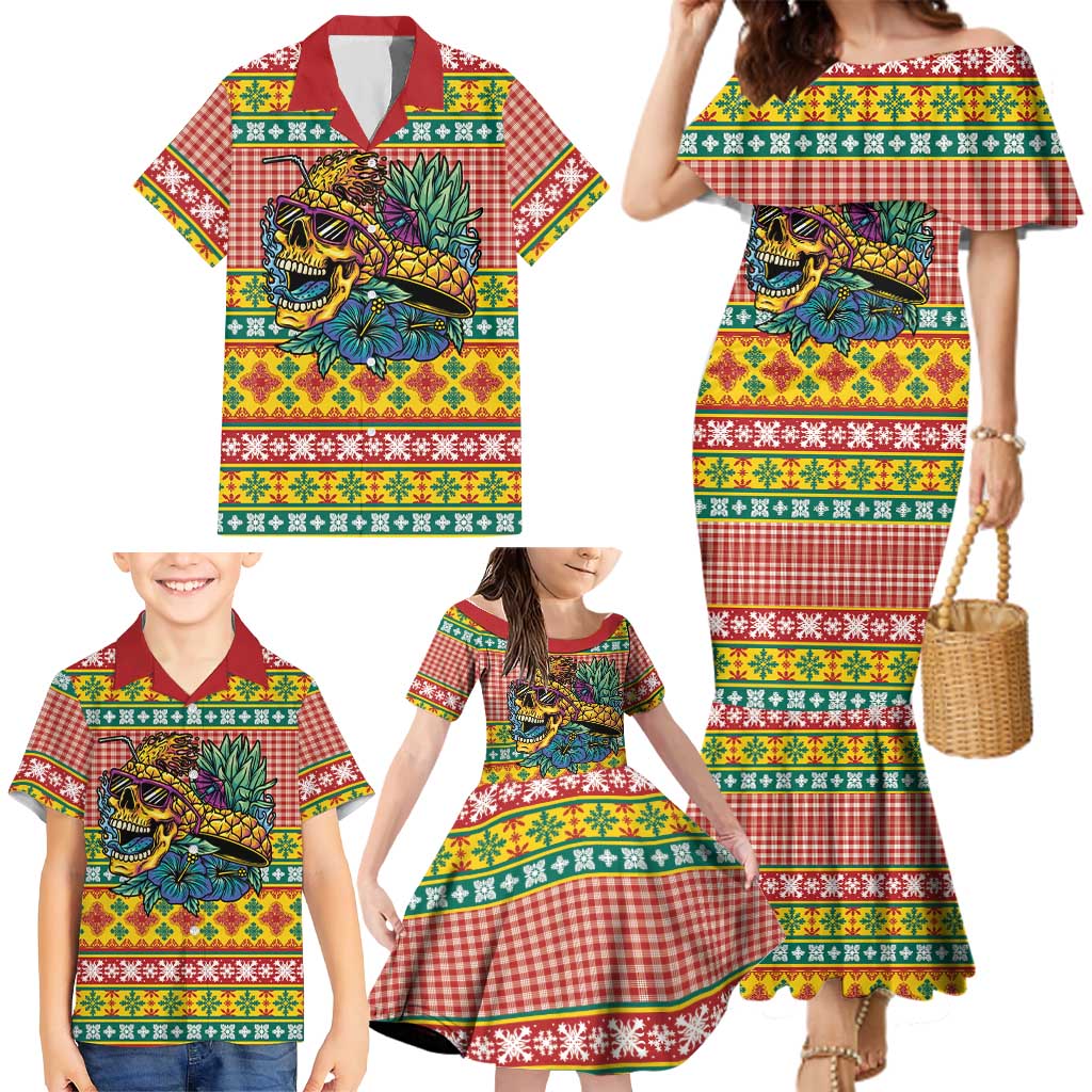 Hawaiian Pineapples Skull Family Matching Mermaid Dress and Hawaiian Shirt Mele Kalikimaka Palaka Quilt Pattern - Polynesian Pride