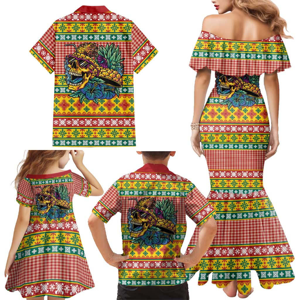 Hawaiian Pineapples Skull Family Matching Mermaid Dress and Hawaiian Shirt Mele Kalikimaka Palaka Quilt Pattern - Polynesian Pride