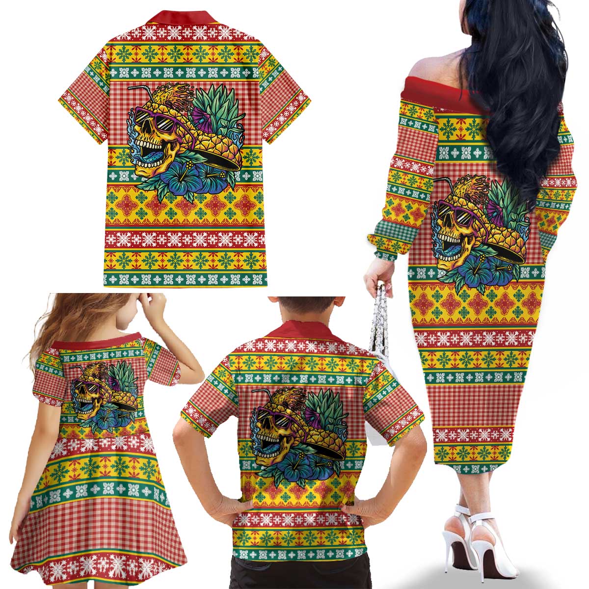 Hawaiian Pineapples Skull Family Matching Off The Shoulder Long Sleeve Dress and Hawaiian Shirt Mele Kalikimaka Palaka Quilt Pattern - Polynesian Pride