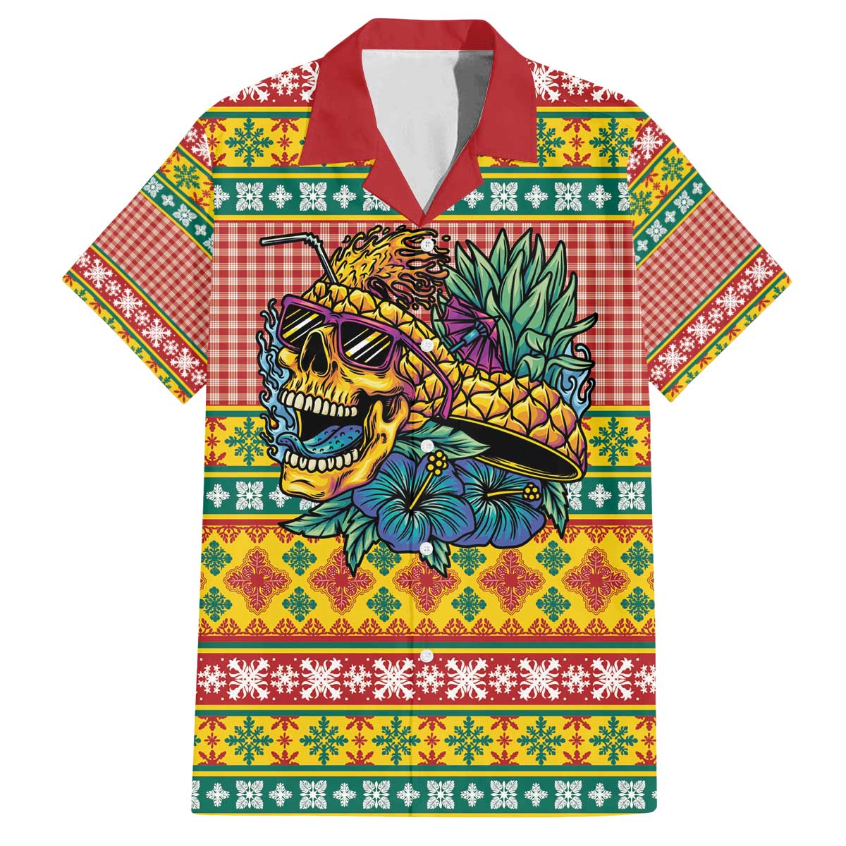 Hawaiian Pineapples Skull Family Matching Off The Shoulder Long Sleeve Dress and Hawaiian Shirt Mele Kalikimaka Palaka Quilt Pattern - Polynesian Pride