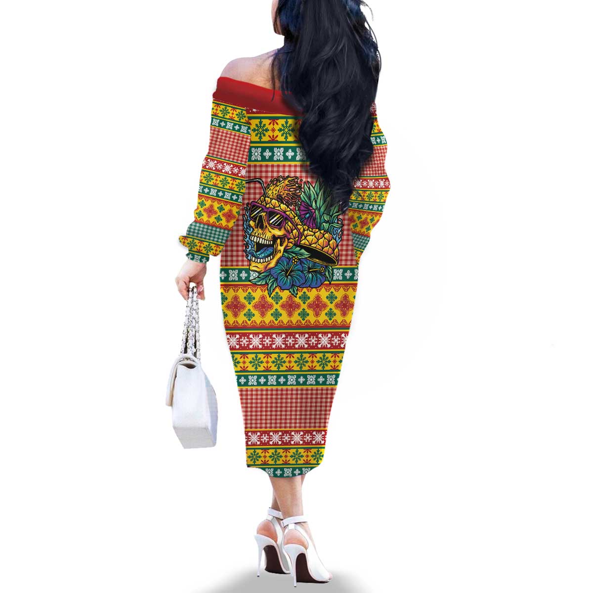 Hawaiian Pineapples Skull Family Matching Off The Shoulder Long Sleeve Dress and Hawaiian Shirt Mele Kalikimaka Palaka Quilt Pattern - Polynesian Pride