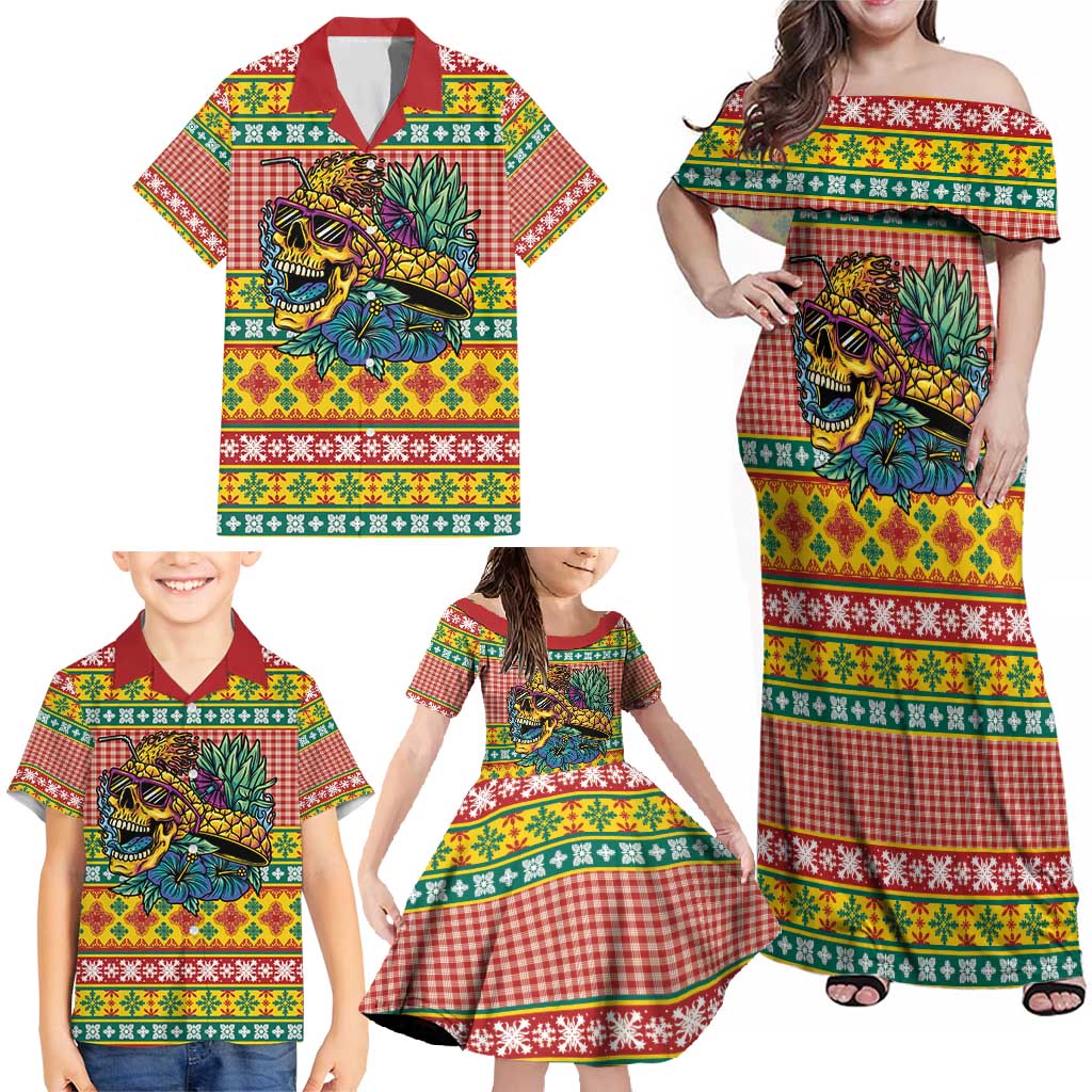 Hawaiian Pineapples Skull Family Matching Off Shoulder Maxi Dress and Hawaiian Shirt Mele Kalikimaka Palaka Quilt Pattern - Polynesian Pride