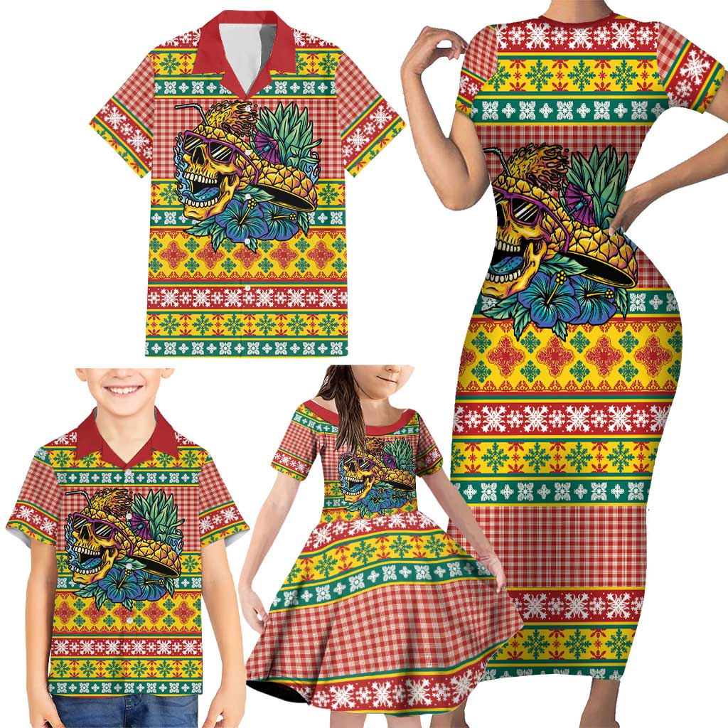 Hawaiian Pineapples Skull Family Matching Short Sleeve Bodycon Dress and Hawaiian Shirt Mele Kalikimaka Palaka Quilt Pattern - Polynesian Pride