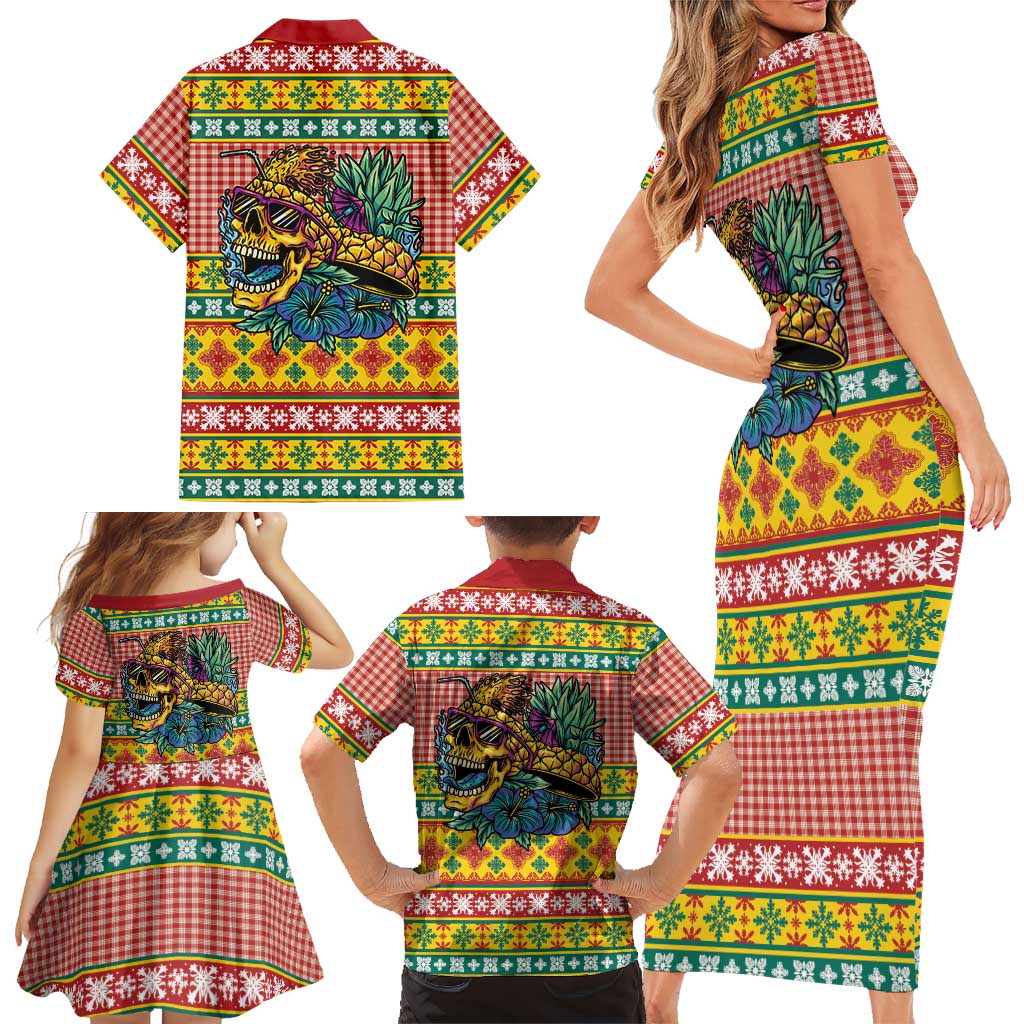 Hawaiian Pineapples Skull Family Matching Short Sleeve Bodycon Dress and Hawaiian Shirt Mele Kalikimaka Palaka Quilt Pattern - Polynesian Pride
