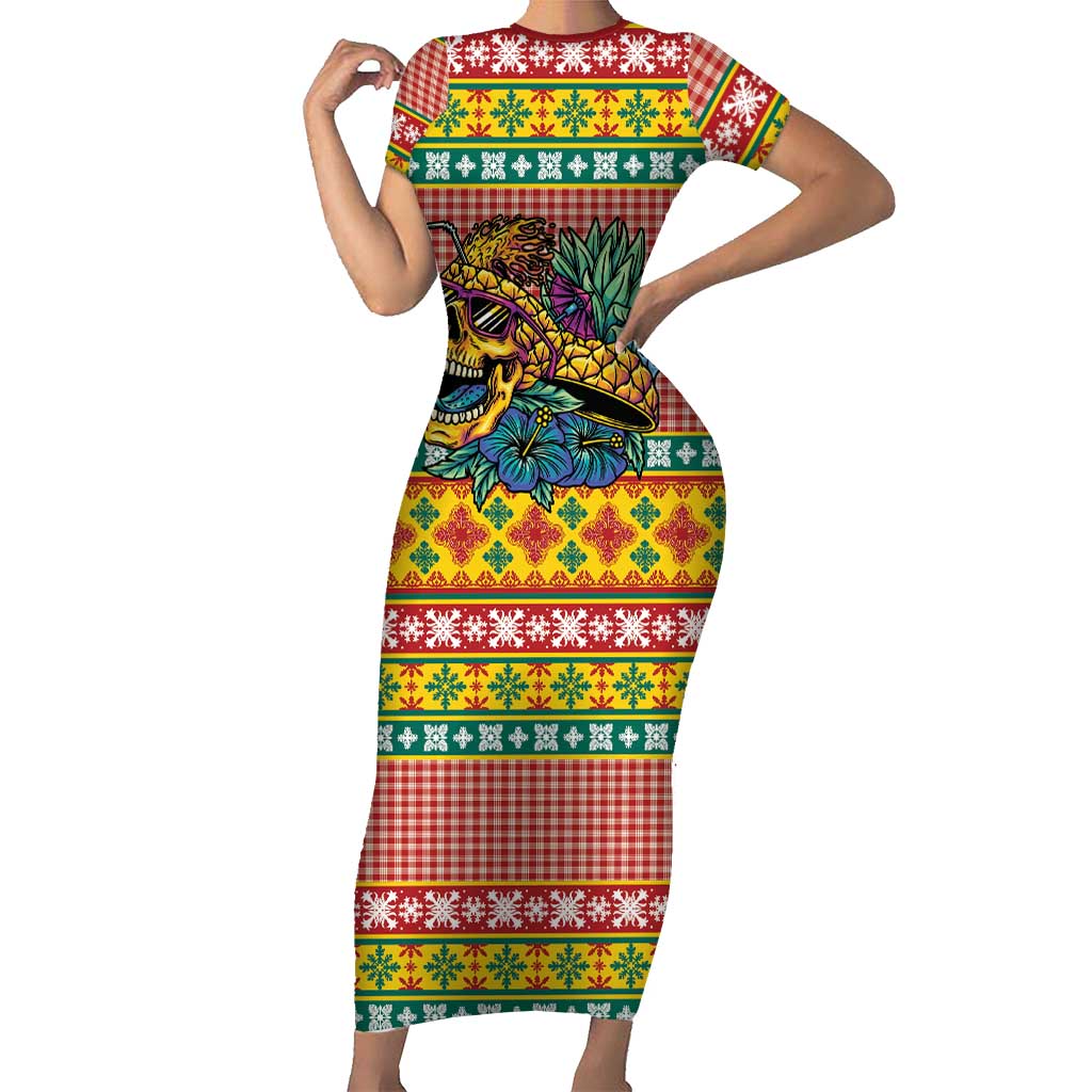 Hawaiian Pineapples Skull Family Matching Short Sleeve Bodycon Dress and Hawaiian Shirt Mele Kalikimaka Palaka Quilt Pattern - Polynesian Pride