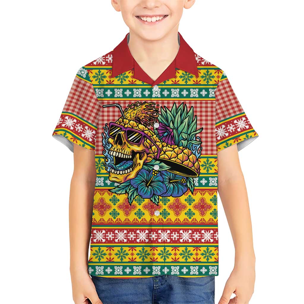 Hawaiian Pineapples Skull Family Matching Short Sleeve Bodycon Dress and Hawaiian Shirt Mele Kalikimaka Palaka Quilt Pattern - Polynesian Pride